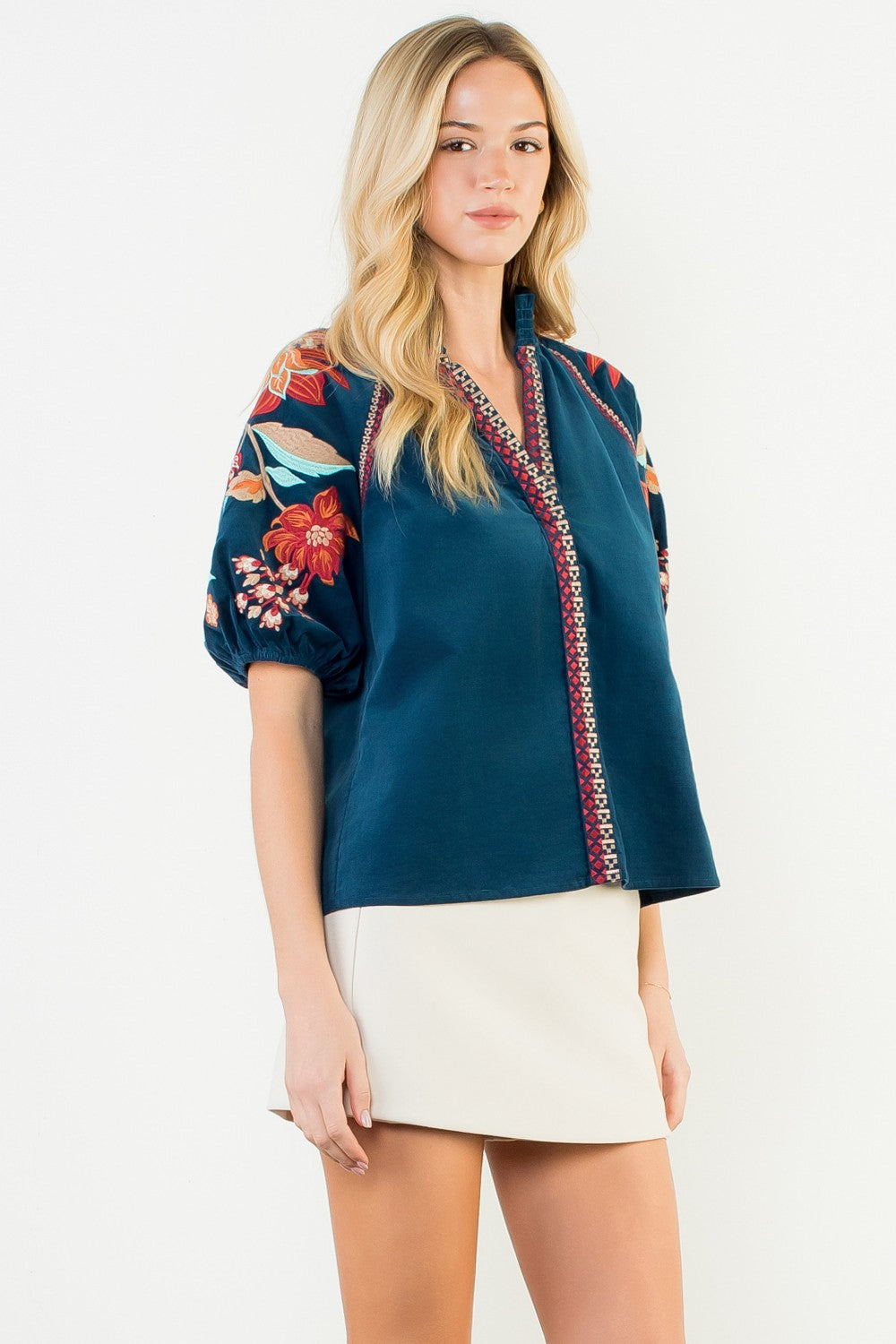 FLORAL EMBROIDERED PUFF SLEEVES V-NECK TOP