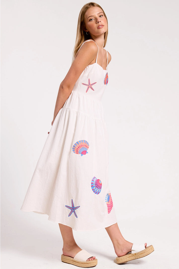 MARINE SHELL EMBROIDERED APPLIQUE MIDI DRESS