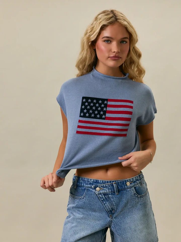 DROP SHOULDER MOCK NECK "USA FLAG" SWEATER