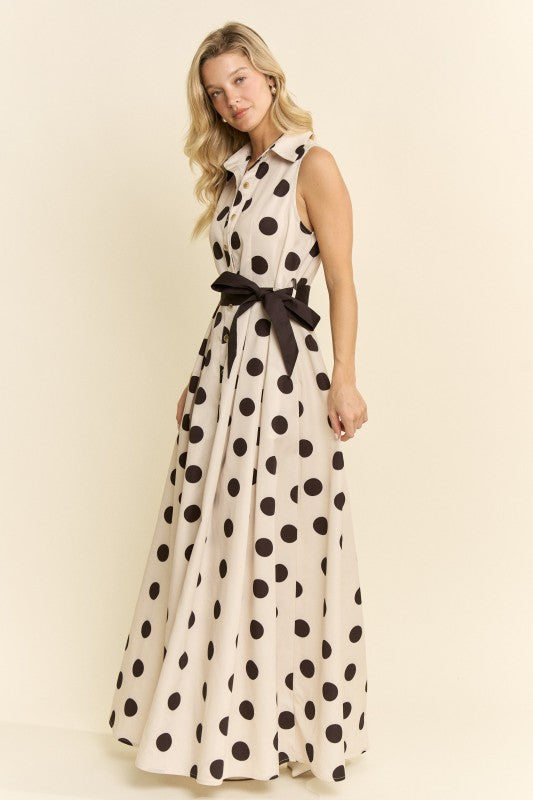 POLKA DOT BUTTON DOWN BELTED SLEEVELESS SHIRT DRESS