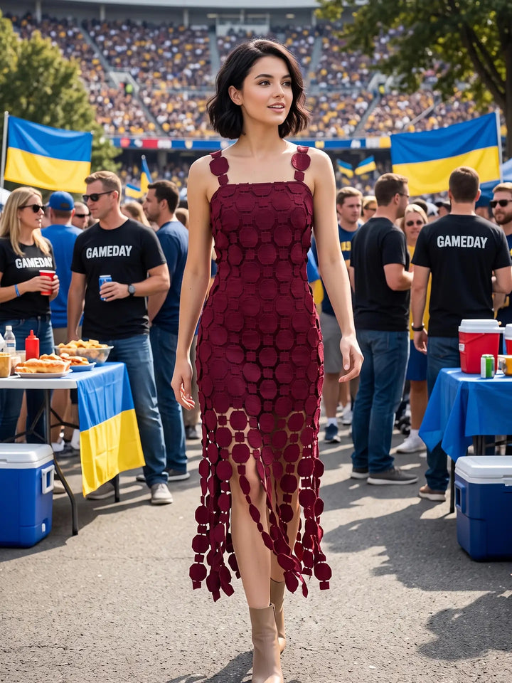 3D LACE FRINGE HEM BODYCON MIDI DRESS