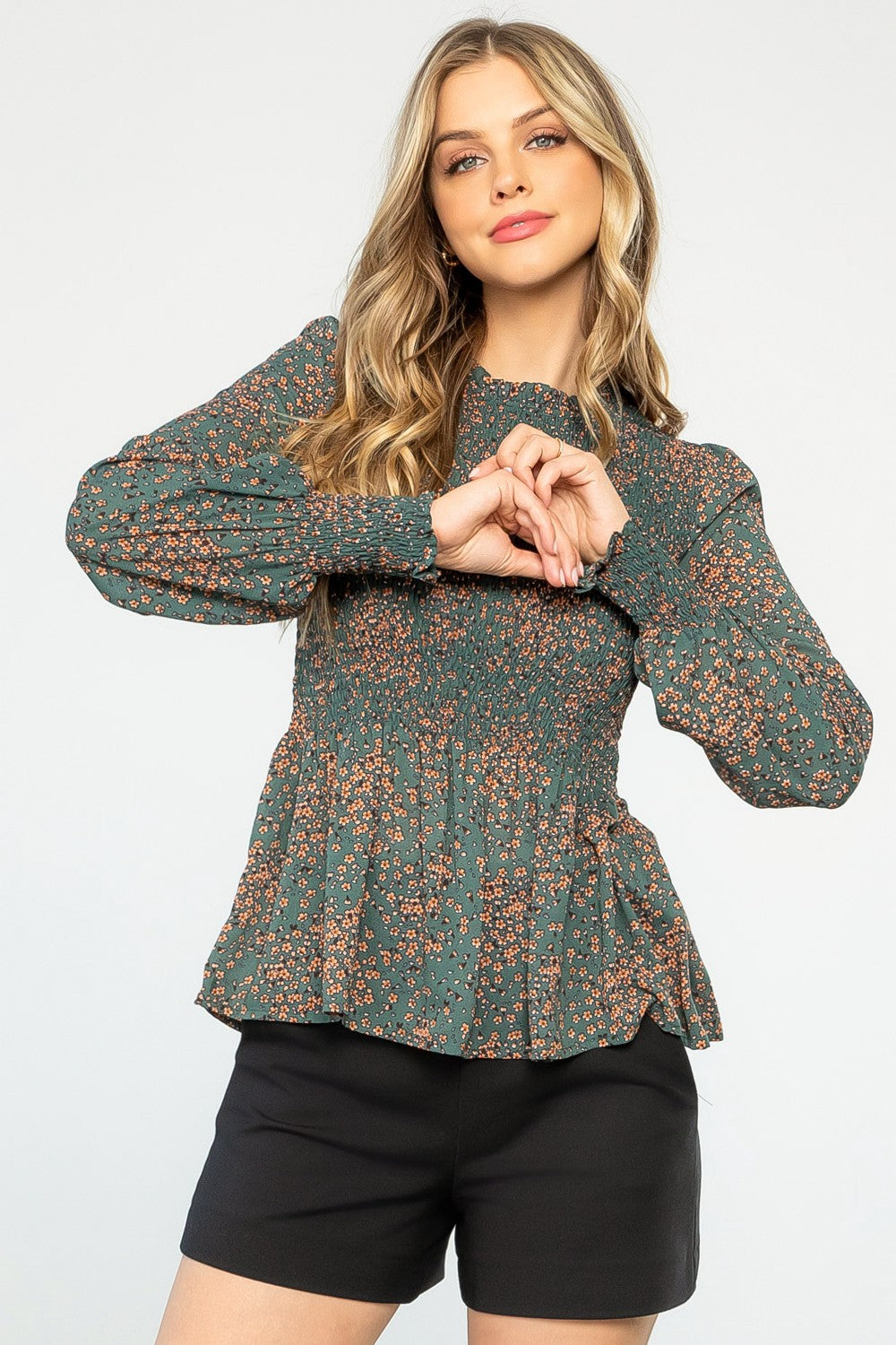 SMOCKED FLOWER PRINT BLOUSE