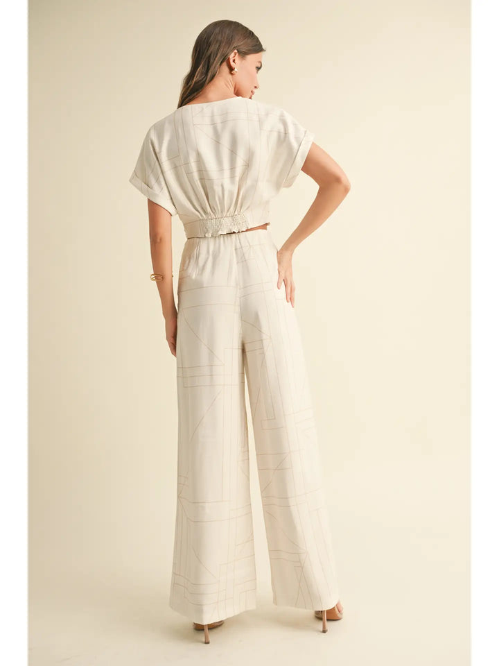 MULTI GRID PATTERN KNT FRONT TOP & WIDE LEG PANTS SET