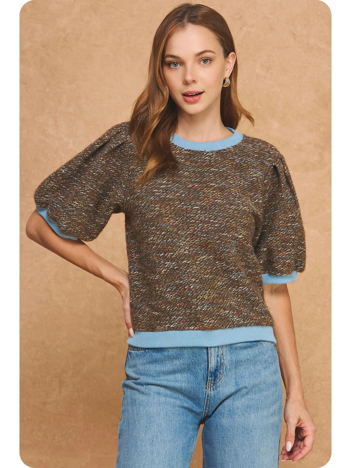 MARLED RIBBED CONTRAST SHORT PUFF SLEEVE SWEATER TOP