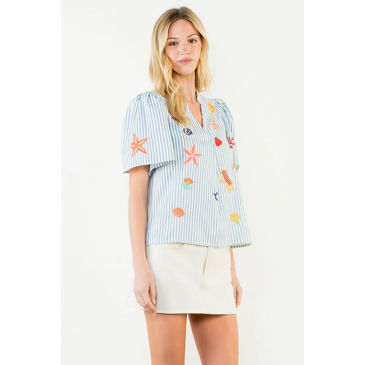 STRIPED EMBROIDERY DETAIL TOP