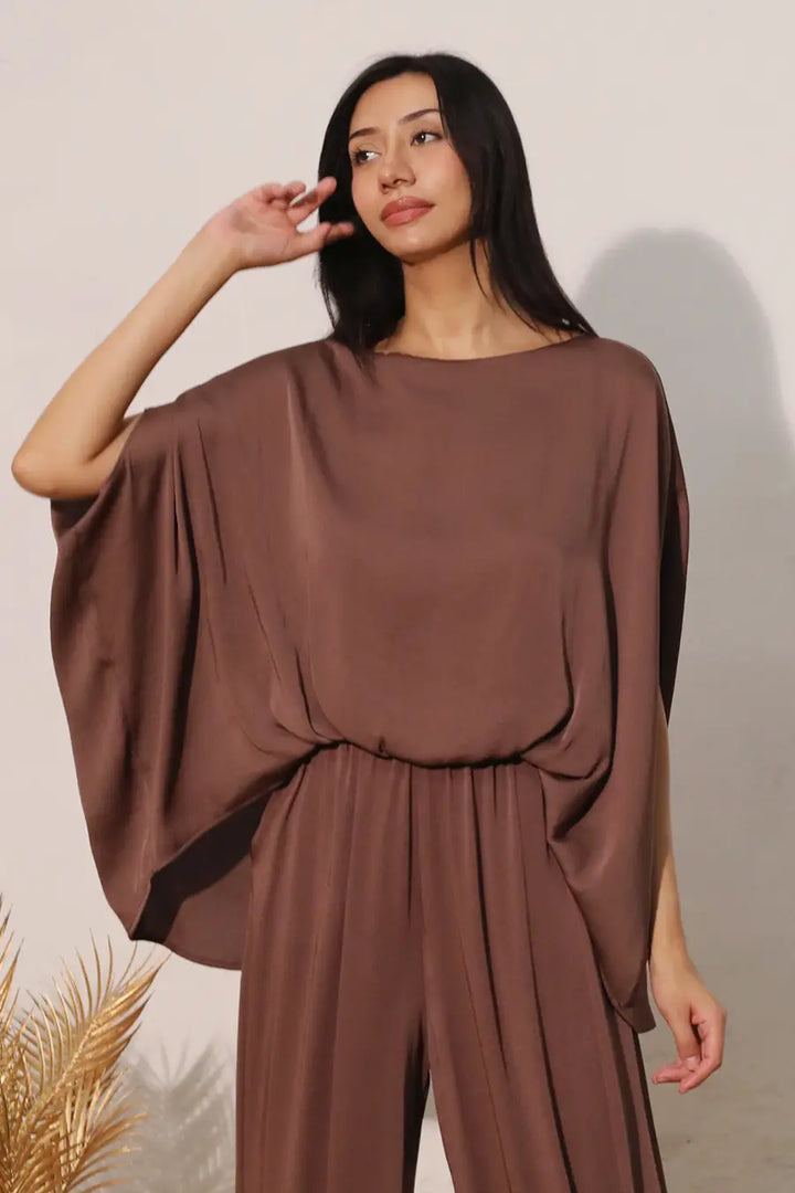 WASHED POLY SILK BOAT NECK CAFTAN TOP