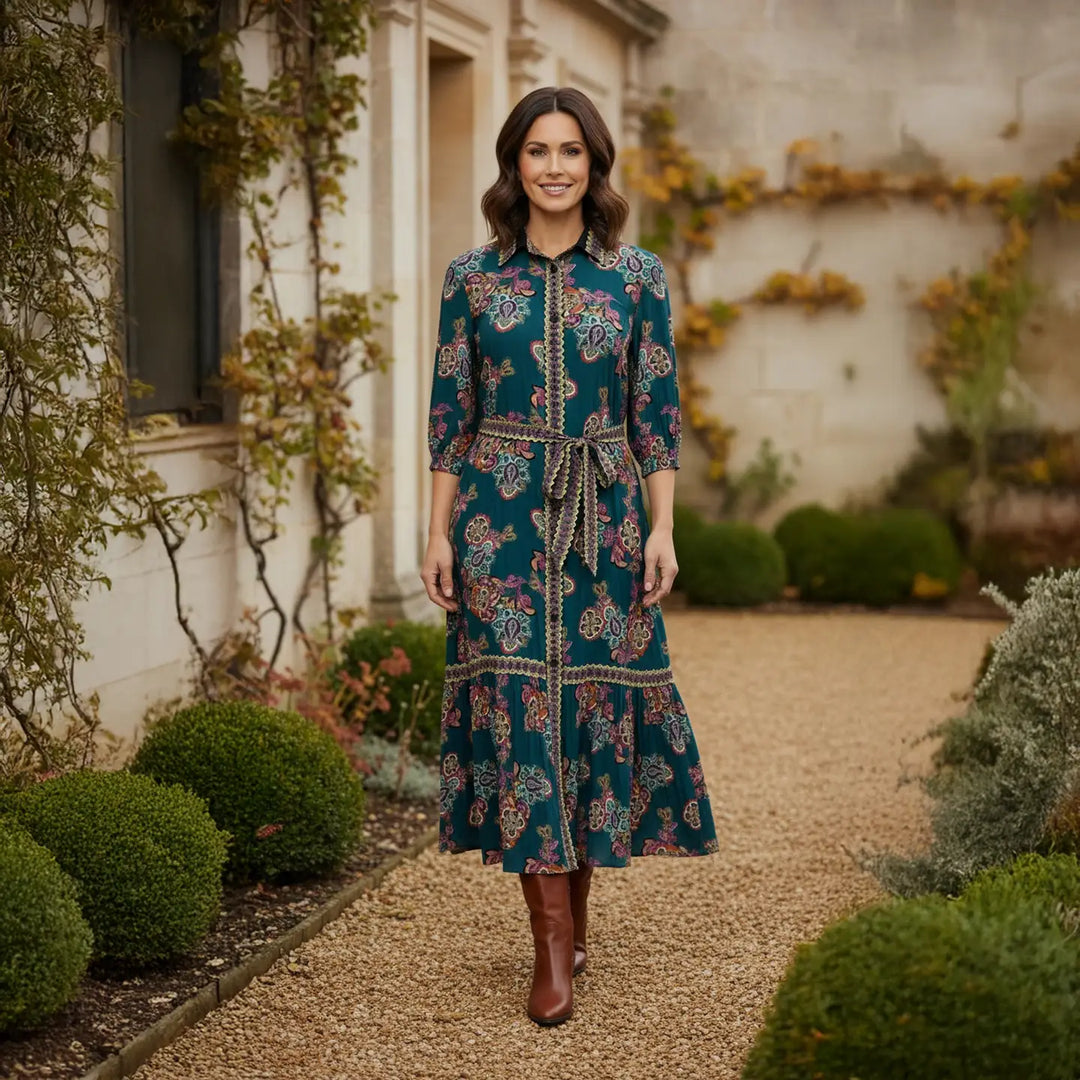 LONDON CAOLLARED TIE WAIST MIDI DRESS