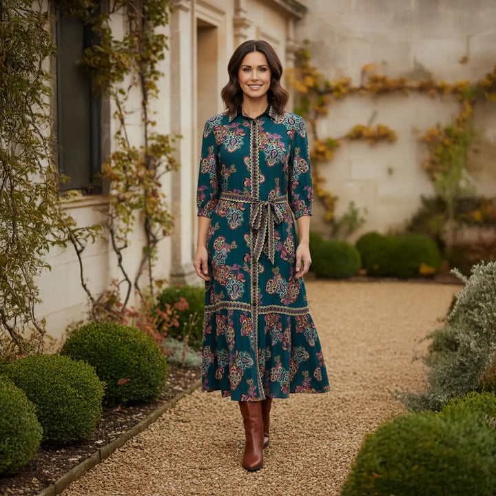 LONDON CAOLLARED TIE WAIST MIDI DRESS