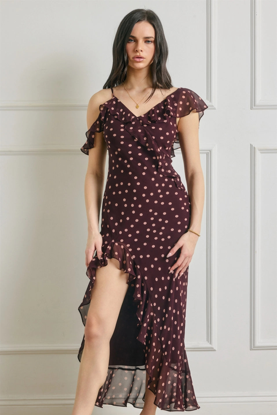 SOFT SPRINKLE ASYMMETRICAL RUFFLED MAXI DRESS