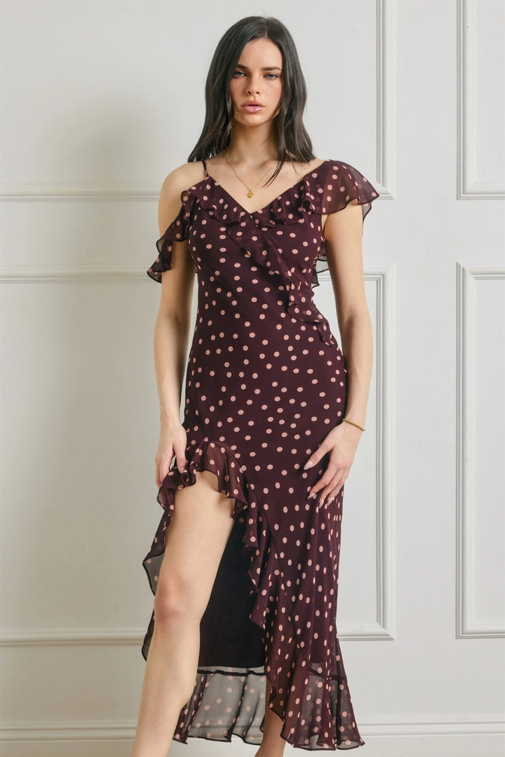 SOFT SPRINKLE ASYMMETRICAL RUFFLED MAXI DRESS
