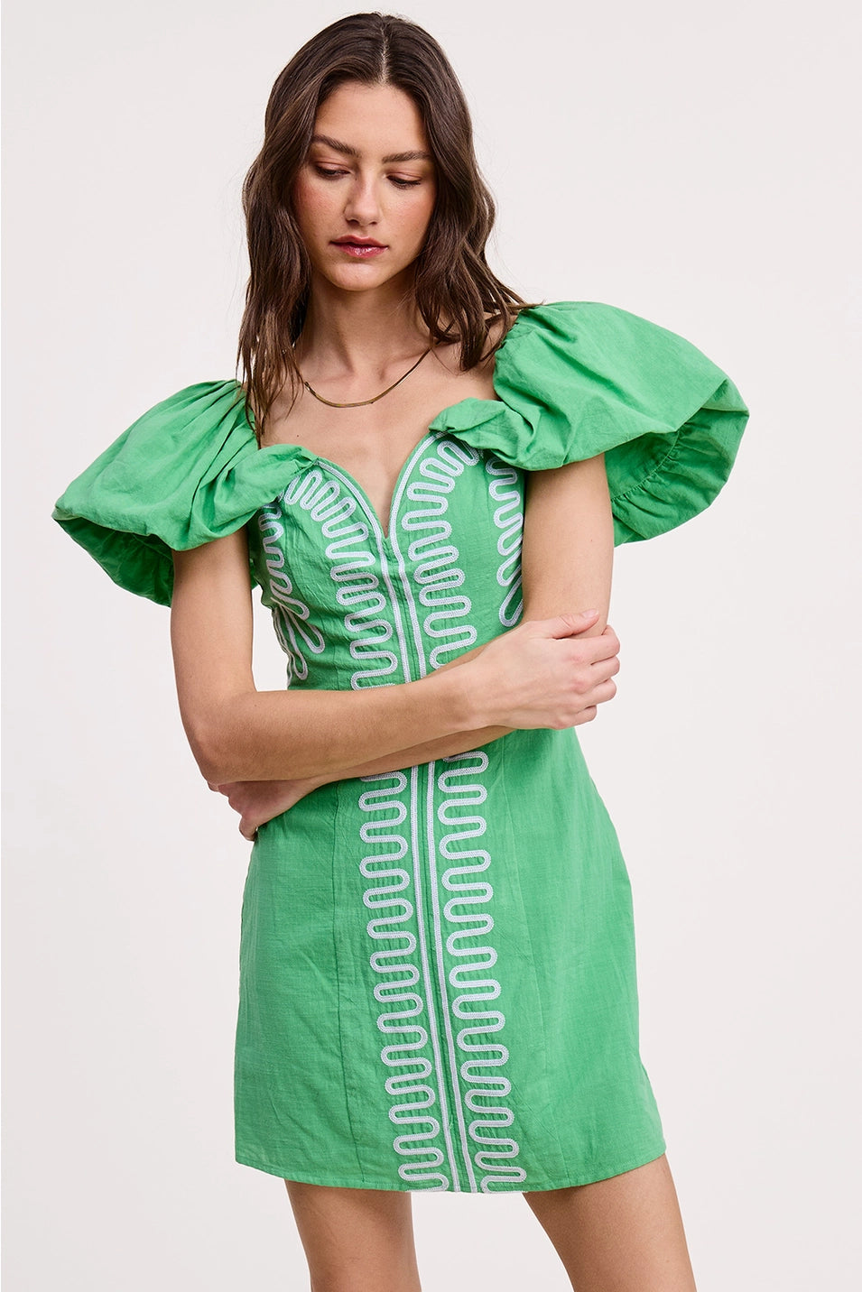 EMBROIDERY DETAIL OFF SHOULDER LINEN MINI DRESS