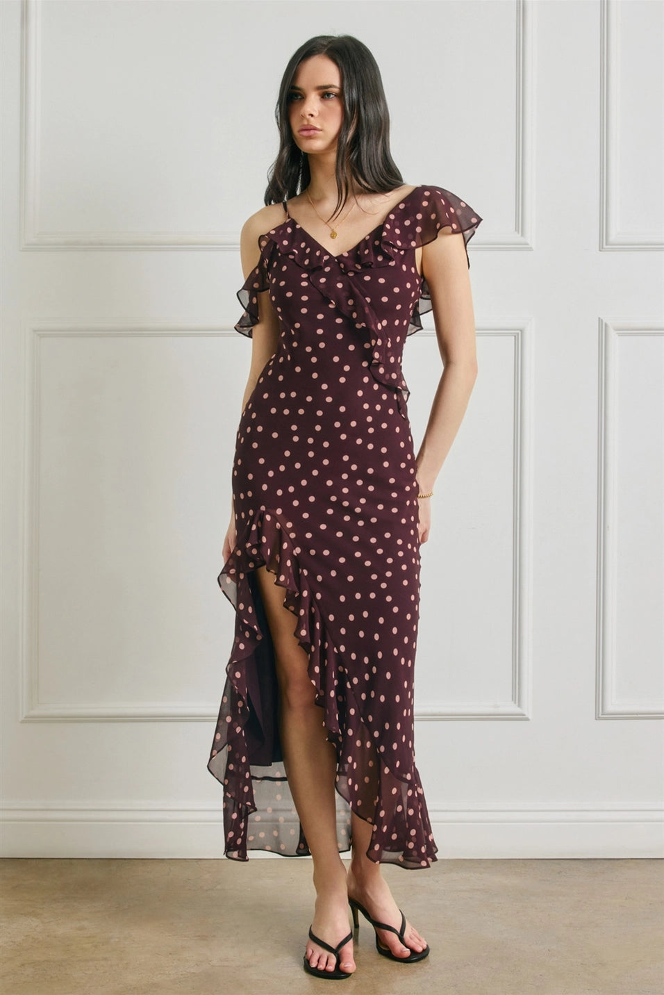 SOFT SPRINKLE ASYMMETRICAL RUFFLED MAXI DRESS
