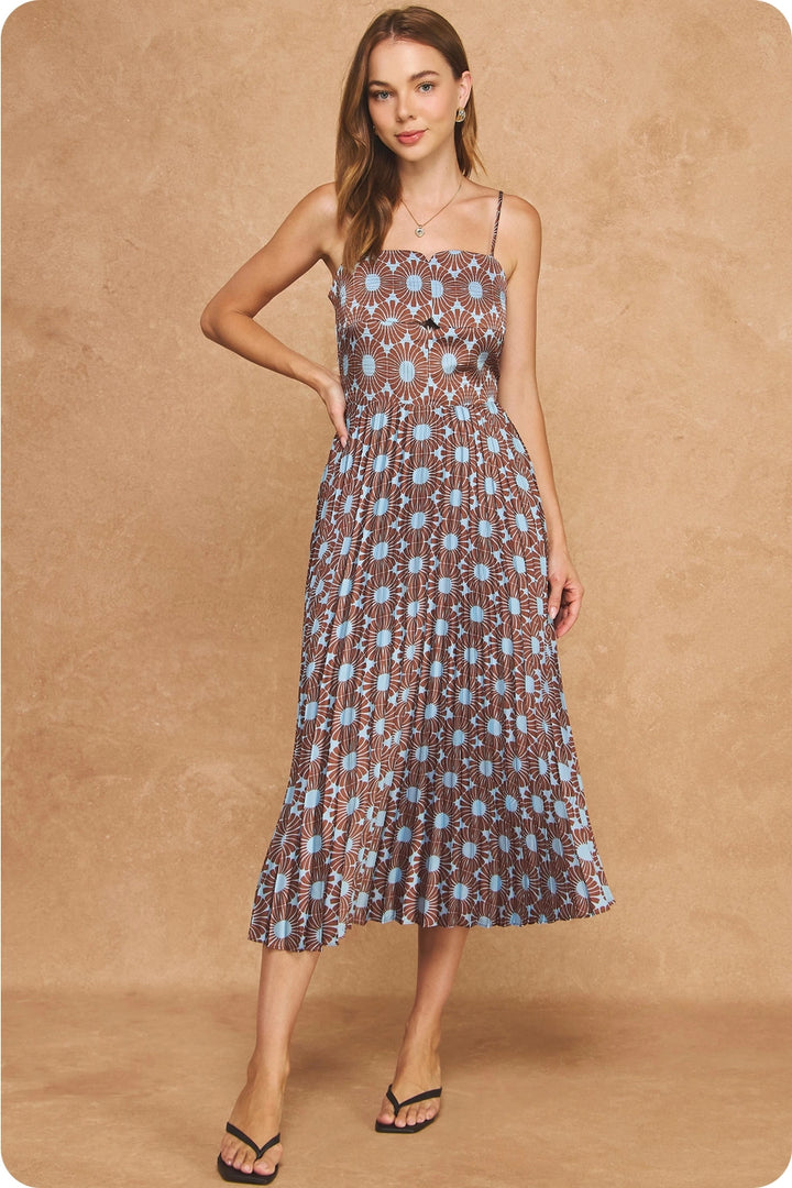 RETRO FLORAL PRINT TOP-STITCH MIDI DRESS