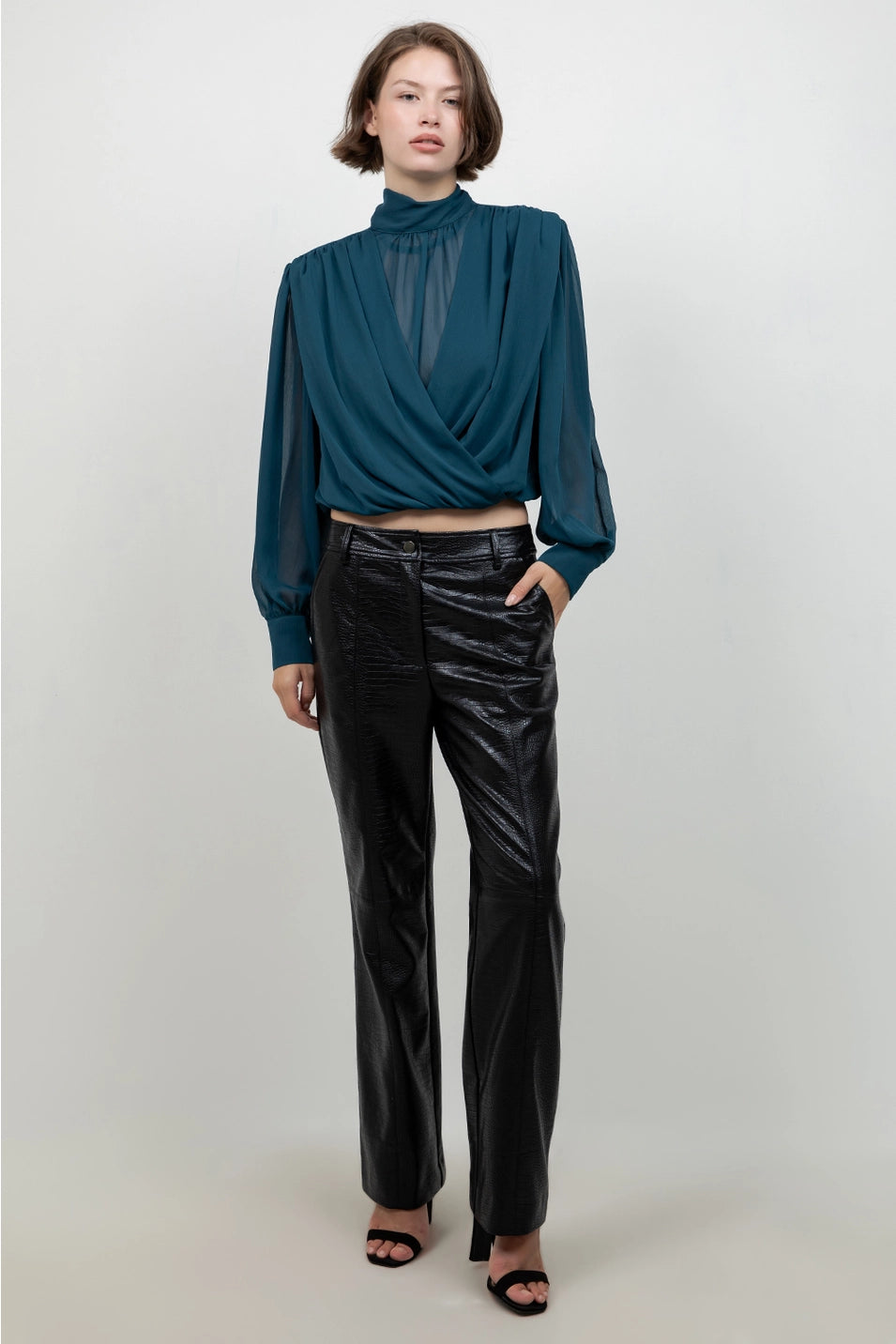 MOCK NECK DRAPE CHIFFON BLOUSE