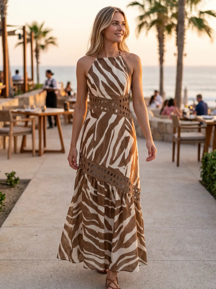 HALTER EYELET TRIM DROP WAIST MAXI DRESS