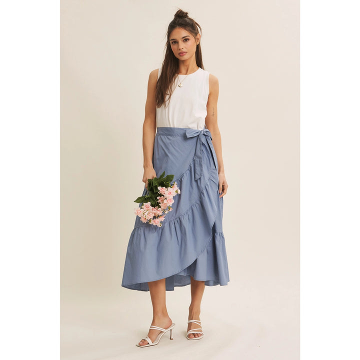 COASTAL BLUE TIERED WRAP TWOFER MIDI DRESS
