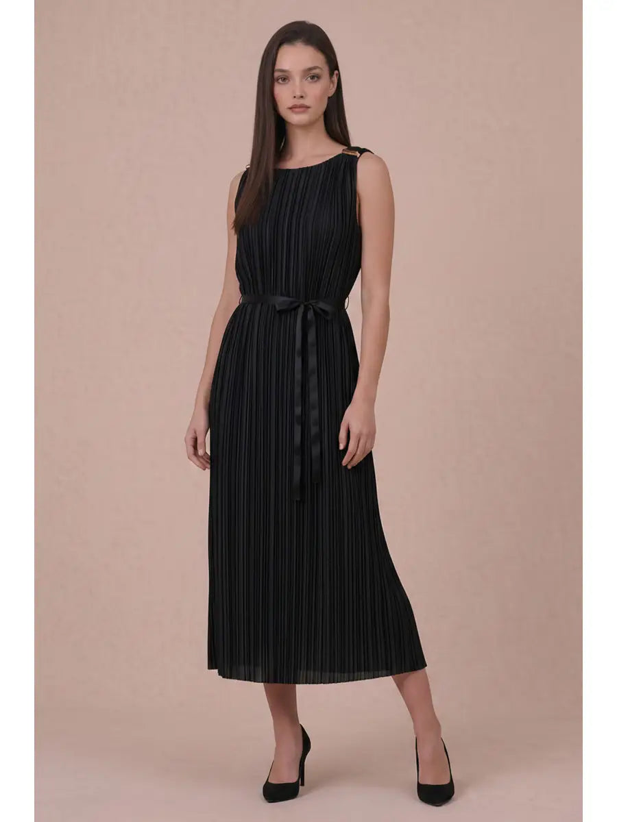 GOLD HARDWARE TRIM PLISSE MIDI DRESS
