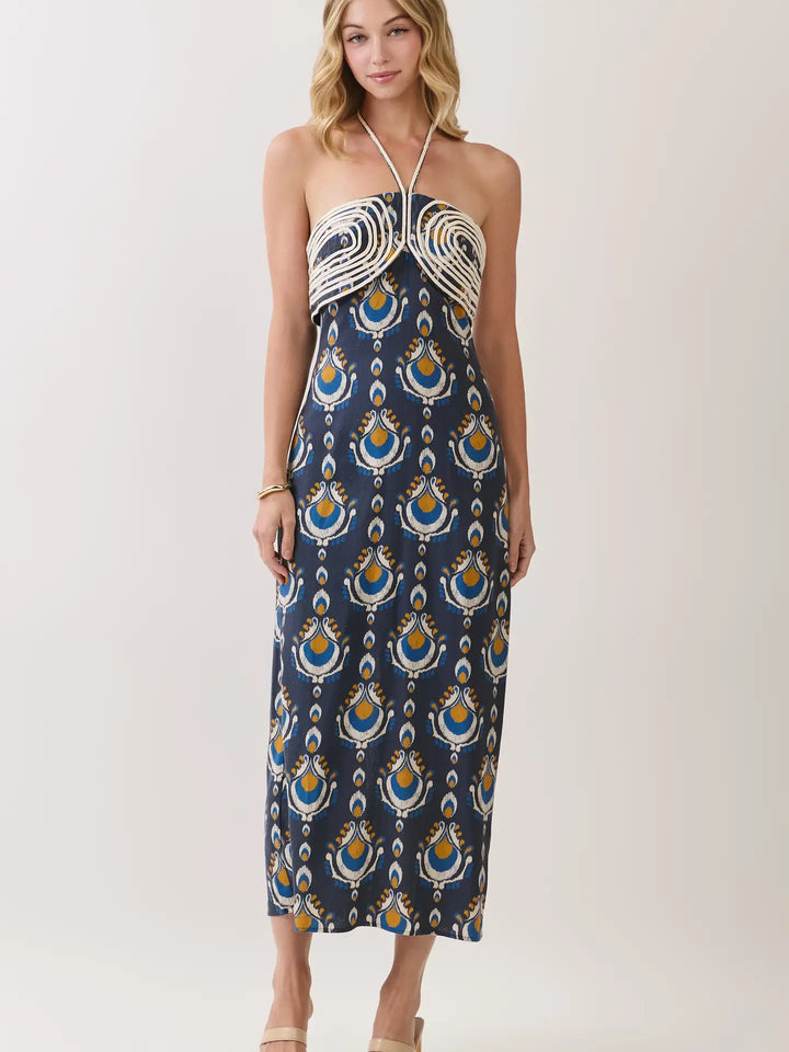 PRINTED ROPE OVERLAY HALTER MAXI DRESS
