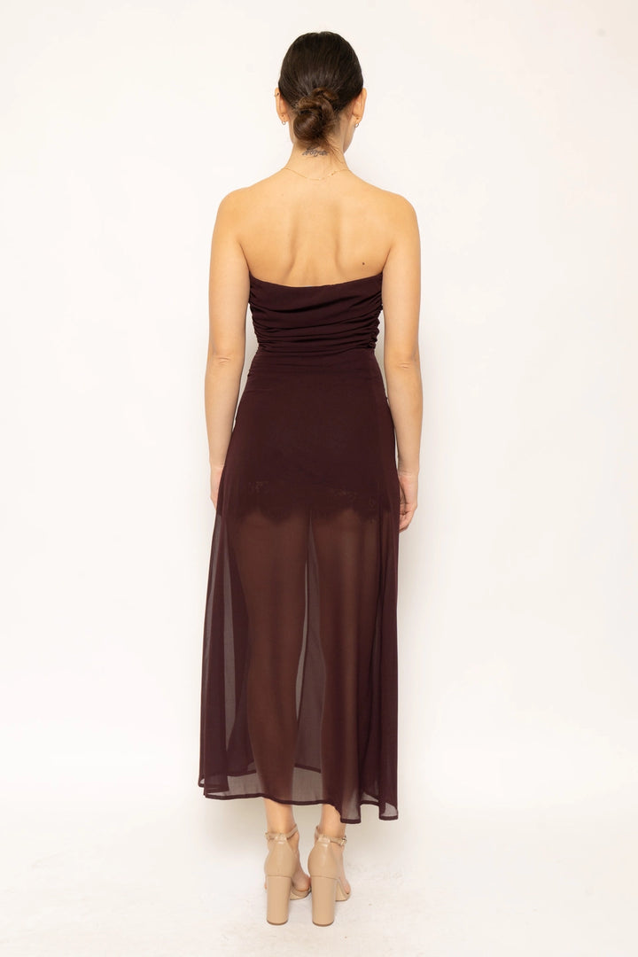 STRAPLESS SHIRRING SLIT MAXI DRESS