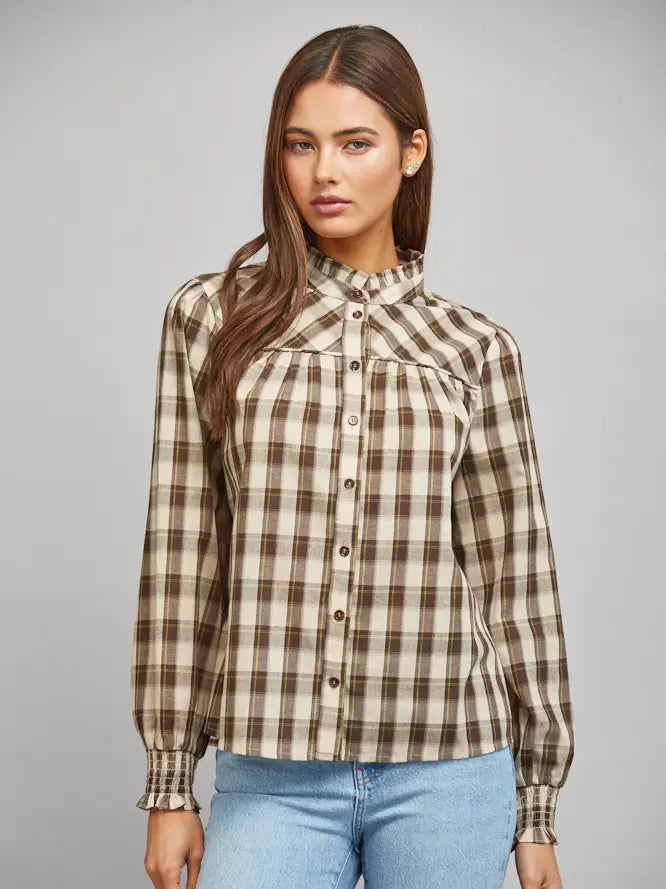 PLAID RUFFLED HIGH COLLAR BUTTON DOWN BLOUSE