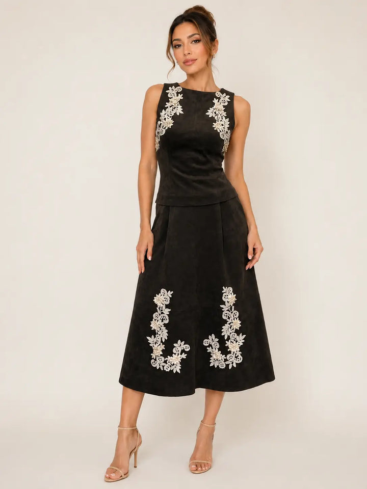 ASYMMETRIC CROCHET TRIM A-LINE SUEDE SKIRT