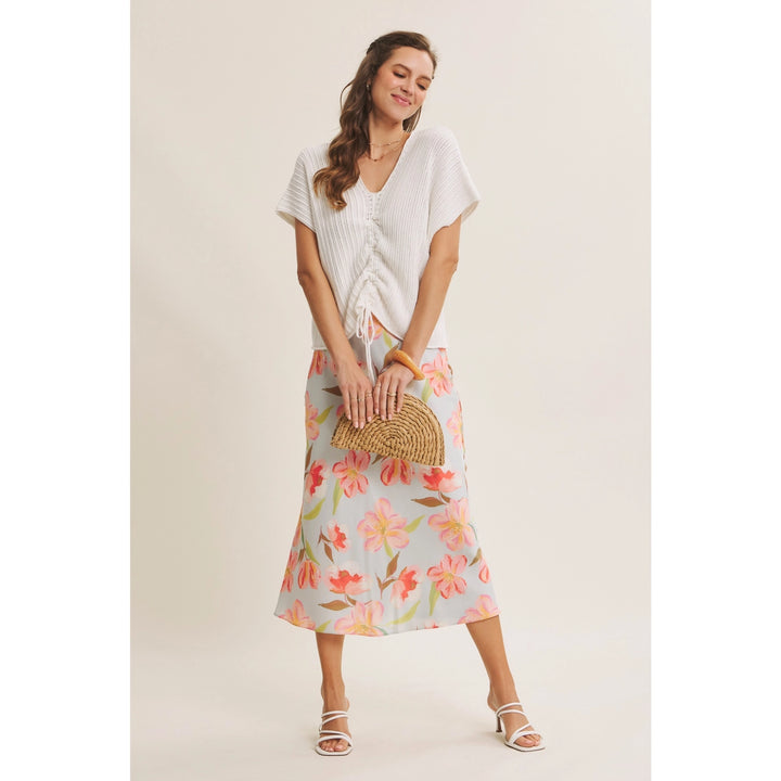 FLATTERING MOVEMENT FLORAL SATIN BIAS MIDI SKIRT