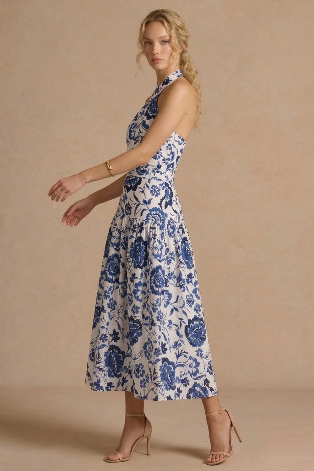 BLUE FLORAL HALTER MIDI DRESS