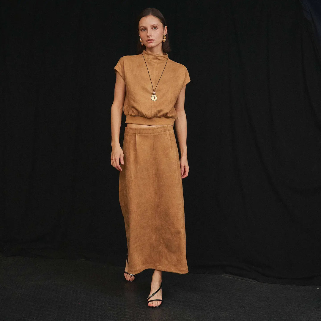 MOCK NECK STRETCH SUEDE TOP &amp; SKIRT SET