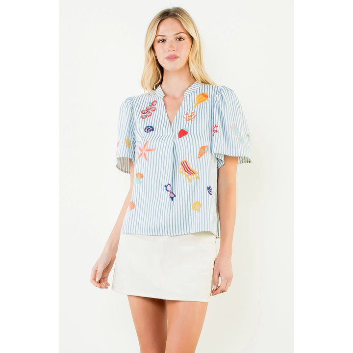 STRIPED EMBROIDERY DETAIL TOP