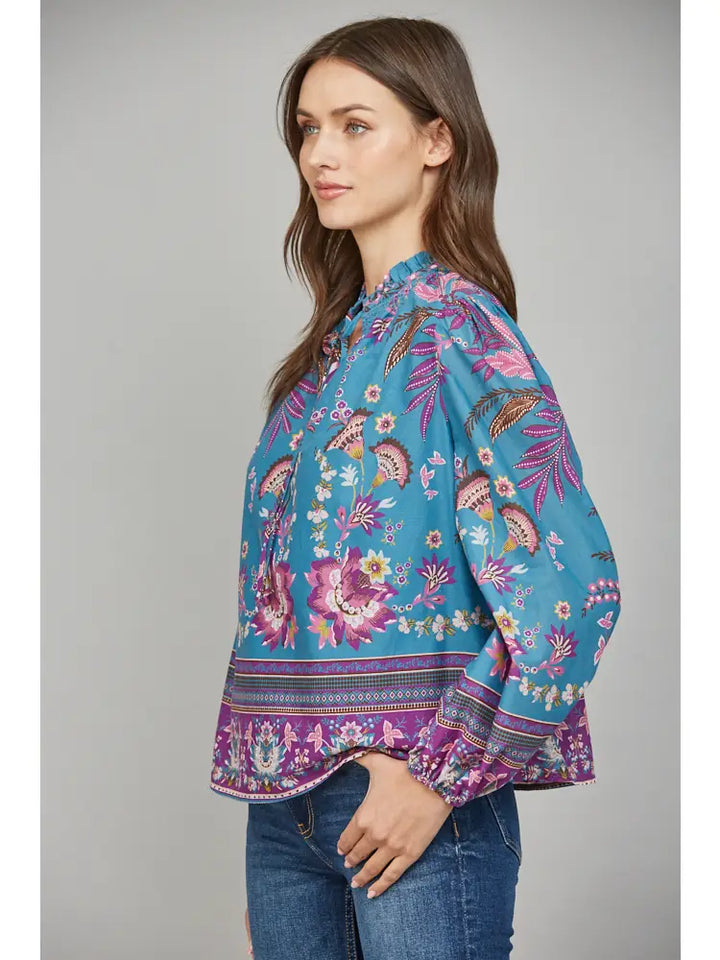 RUFFLED V NECK LONG SLEEVE BLOUSE