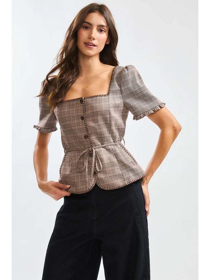 GLEN PLAID BUTTON-FRONT BLOUSE WITH BELTED WAIST