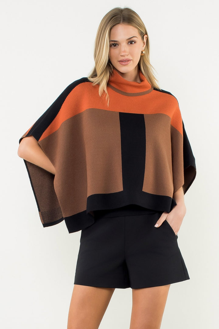 COLORBLOCK TURTLENECK KNIT PONCHO