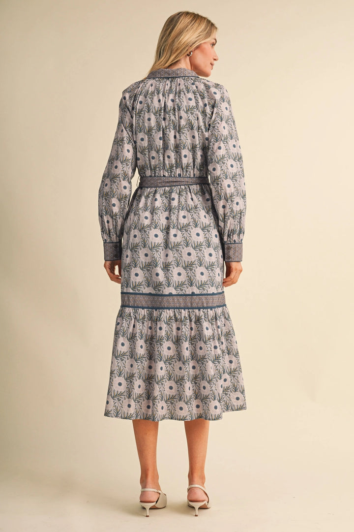 MIXED FLORAL BUTTON DOWN BELTED MIDI DRESS