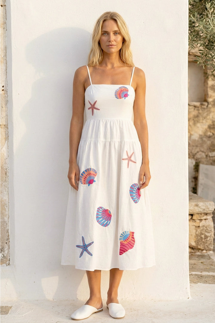 MARINE SHELL EMBROIDERED APPLIQUE MIDI DRESS