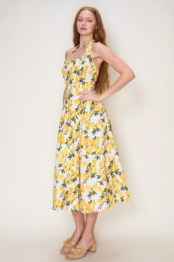 LEMON PRINT HALTER MIDI DRESS