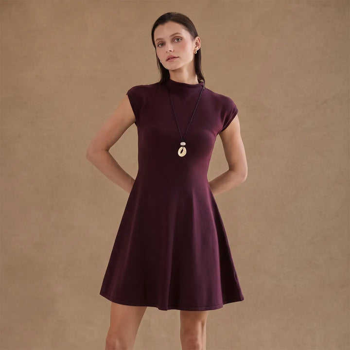 MOCK NECK FIT &amp; FLARE MINI SWEATER DRESS
