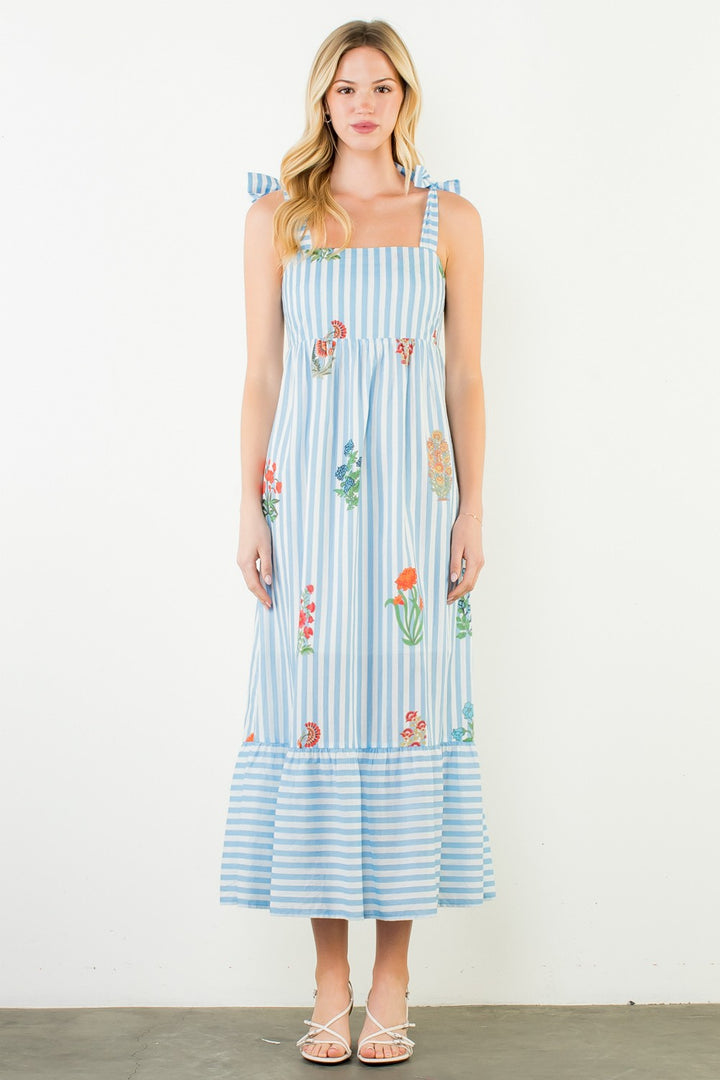 STRIPED FLORAL PATTERN MIDI DRESS