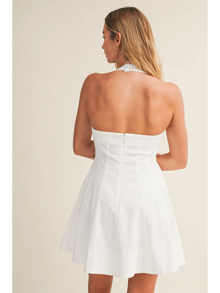 SQUARE NECK HALTER FLARE MINI DRESS