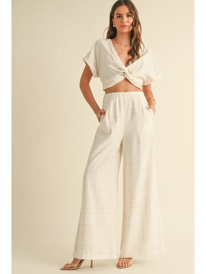 MULTI GRID PATTERN KNT FRONT TOP & WIDE LEG PANTS SET