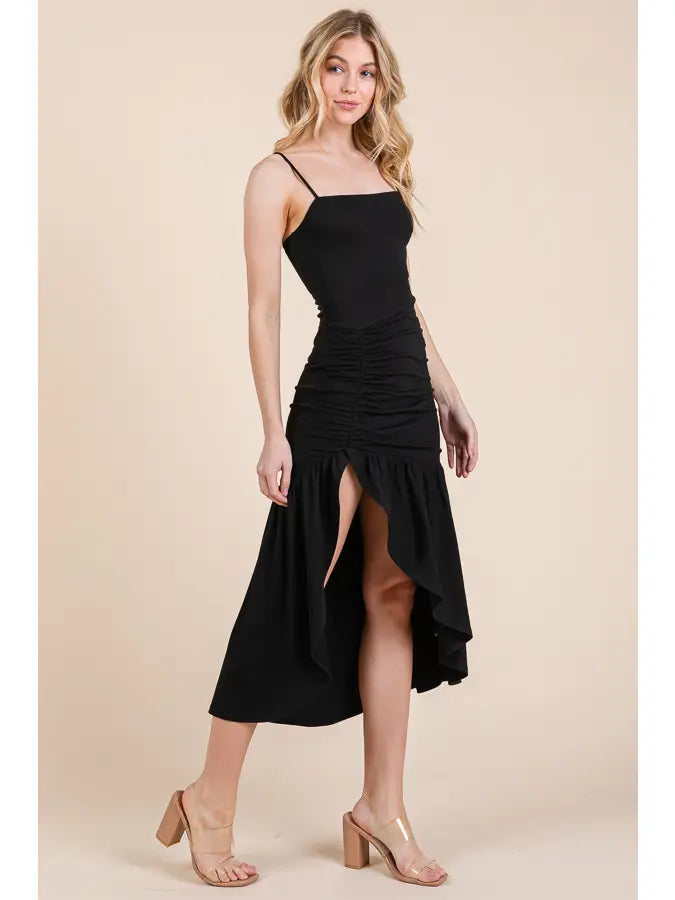 RUFFLE FLARE MIDI SLIT DRESS