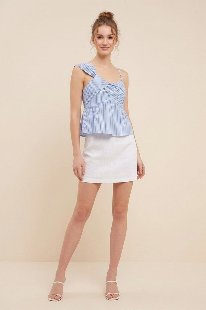 TWIST DETAIL SLEEVELESS STRIPED PEPLUM TOP