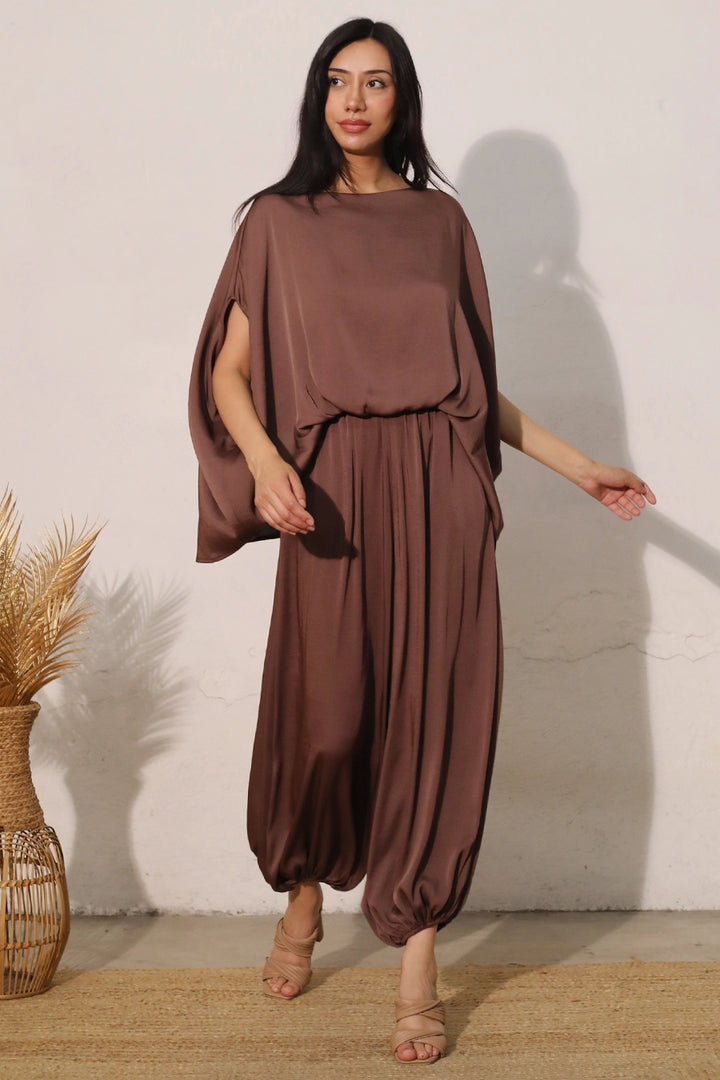 WASHED POLY SILK BOAT NECK CAFTAN TOP