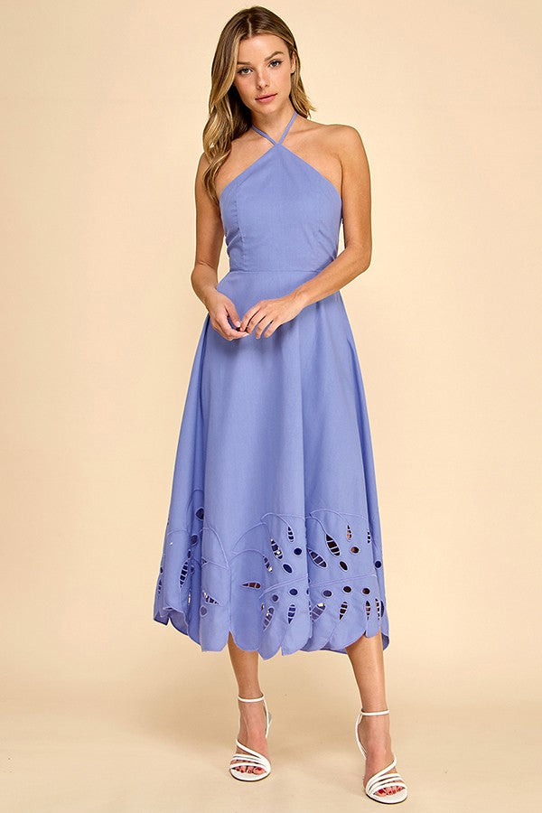 HALTER NECKLINE MIDI DRESS WITH EMBROIDERED DETAIL