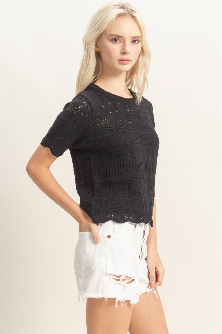 TEXTURED POINTELLE KNIT SHORT SLEEVE TOP