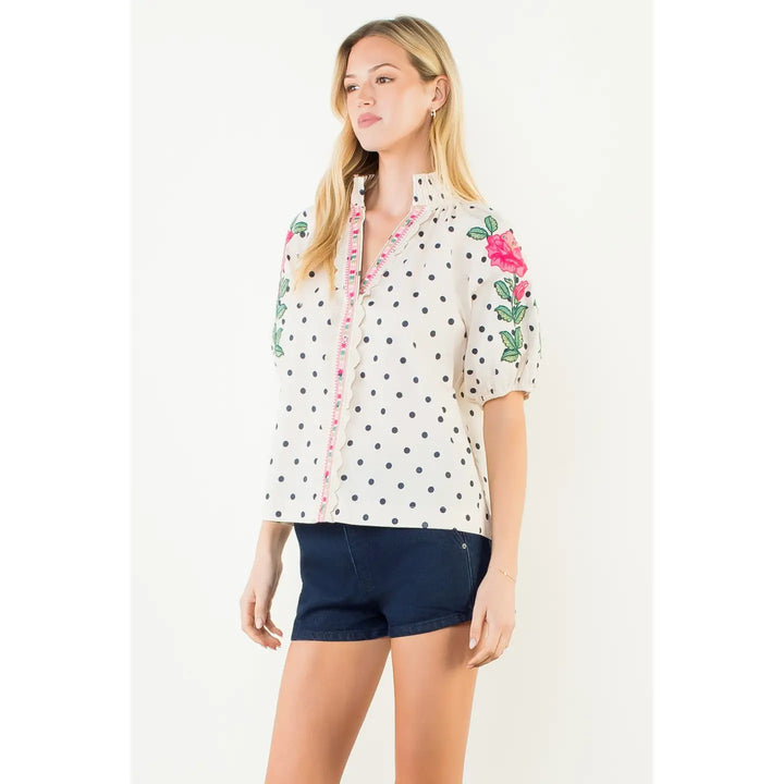 EMRBROIDERED PUFF SLEEVE POLKA DOT TOP