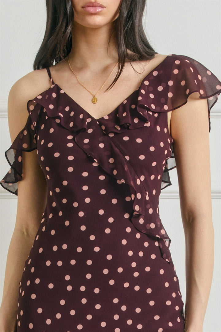 SOFT SPRINKLE ASYMMETRICAL RUFFLED MAXI DRESS