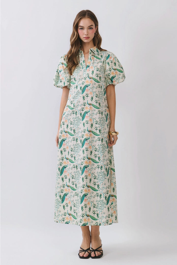 PEACOCK PRINT PUFF SLEEVE MIDI DRESS