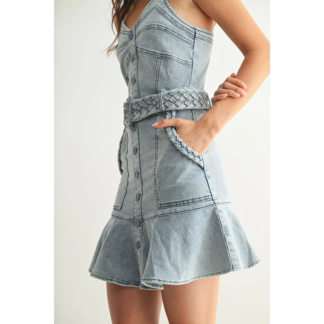 STRETCH DENIM DRESS WITH BRAIDED BELT DETAIL