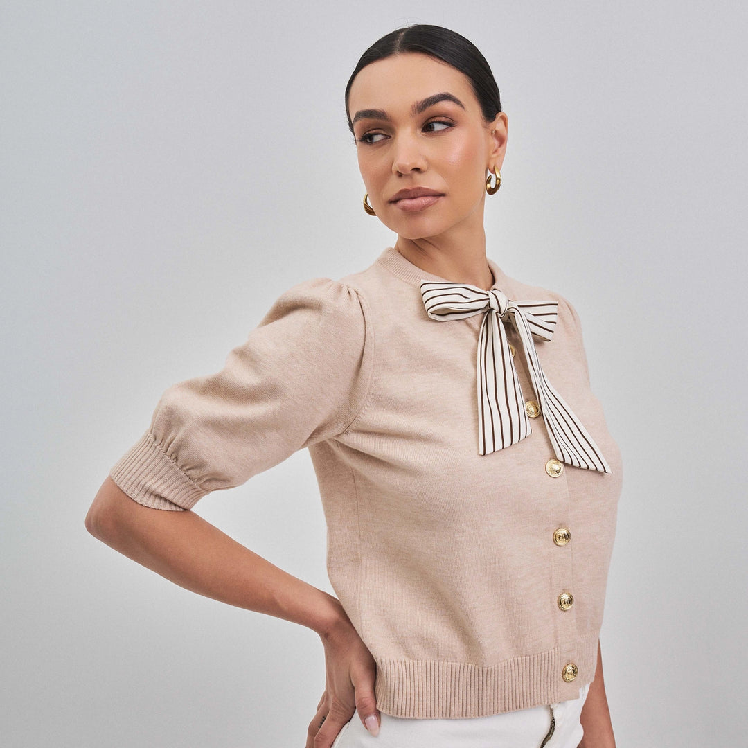 SATIN STRIPE BOW DETAILED SWEATER CARDIGAN