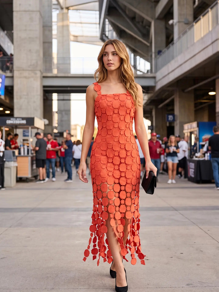 3D LACE FRINGE HEM BODYCON MIDI DRESS